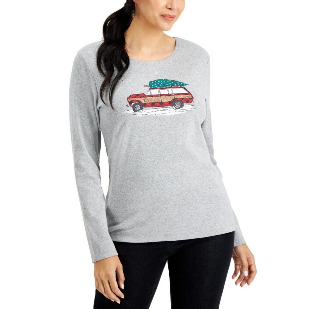 Karen Scott Women's Size S Road Trip Christmas Tree Holiday Top, Gray MLT4675AFA